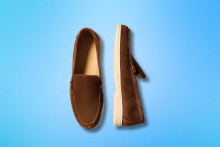 pair of stylish brown suede loafers set against a blue background