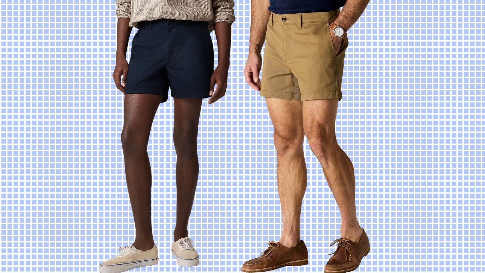 two men wearing 5" shorts from j.crew and huckberry