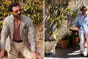 side by side images of men dressed in classically elegant "Italian summer" style