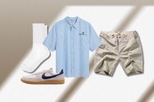 a casual summer outfit with shorts, a short-sleeve shirt and sneakers