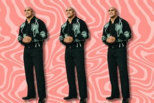 three images of The Rock (aka Dwayne Johnson) wearing a black jacket with green embroidery and black pants