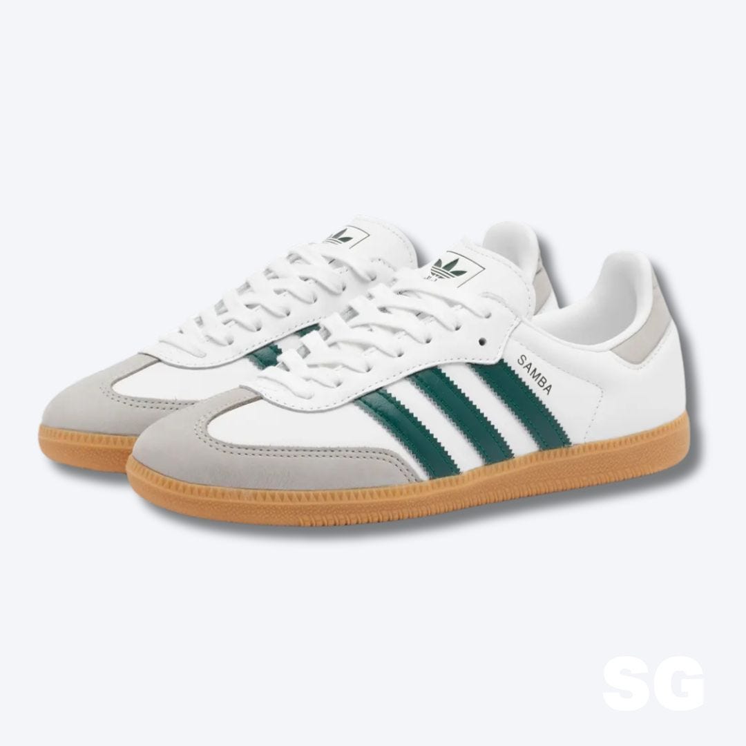 white adidas samba sneakers with green stripes