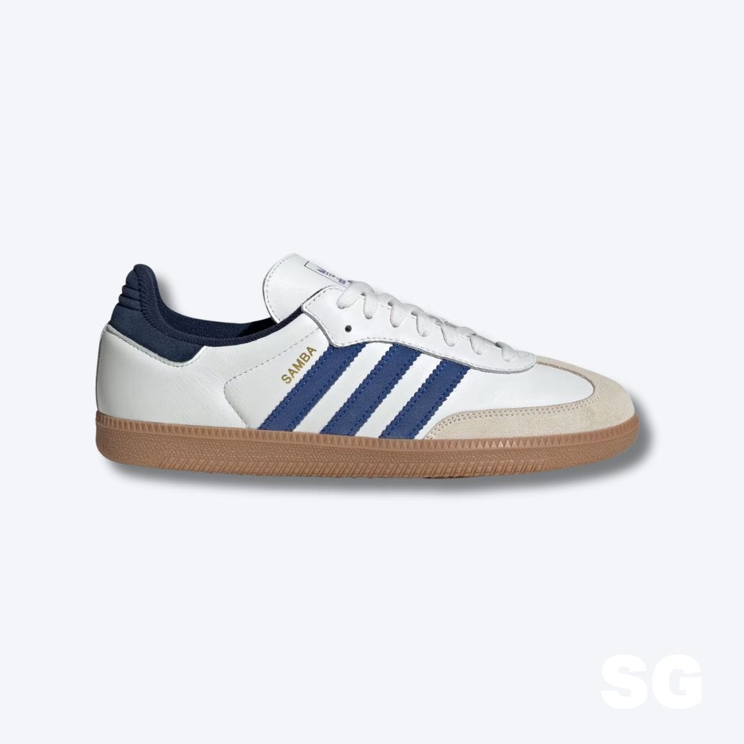 white adidas samba sneakers with blue stripes