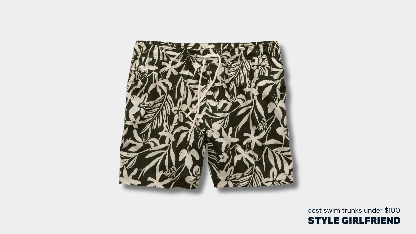 black and white patterned drawstring swim trunks