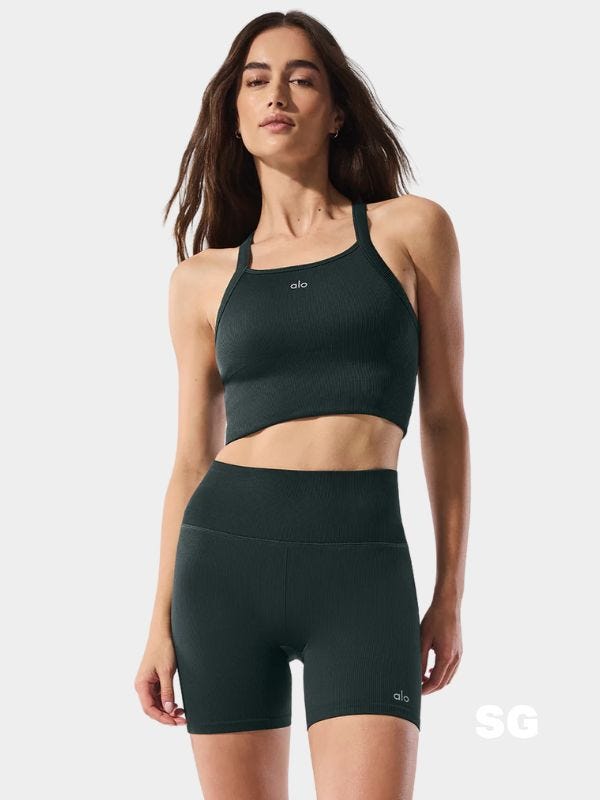 woman wearing ribbed bra tank and bike shorts