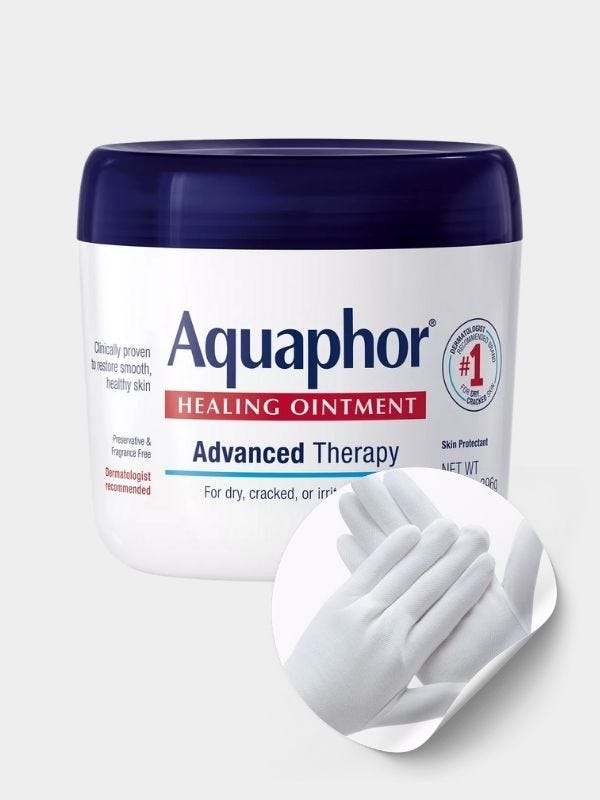 tub of ointment with a small picture of white cotton gloves in the corner