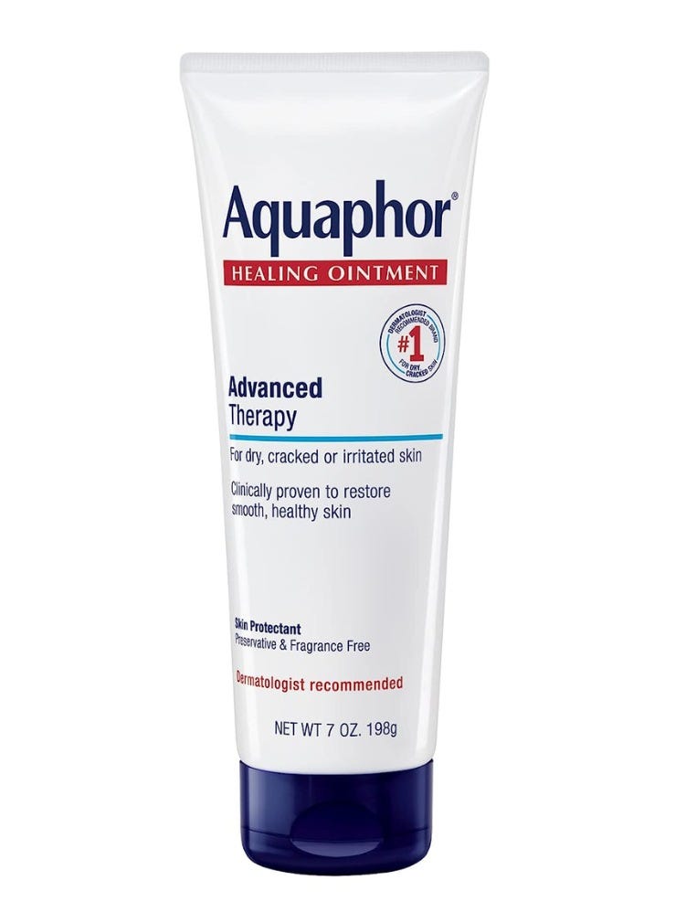 tube of aquaphor ointment with a white body and blue cap
