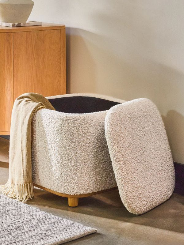boucle ottoman with storage for blankets