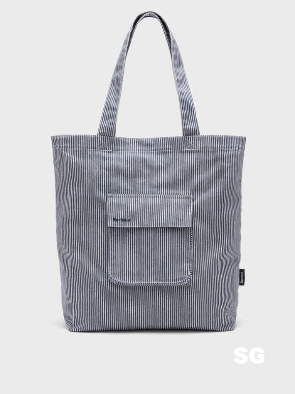 navy and white striped tote bag with front pocket