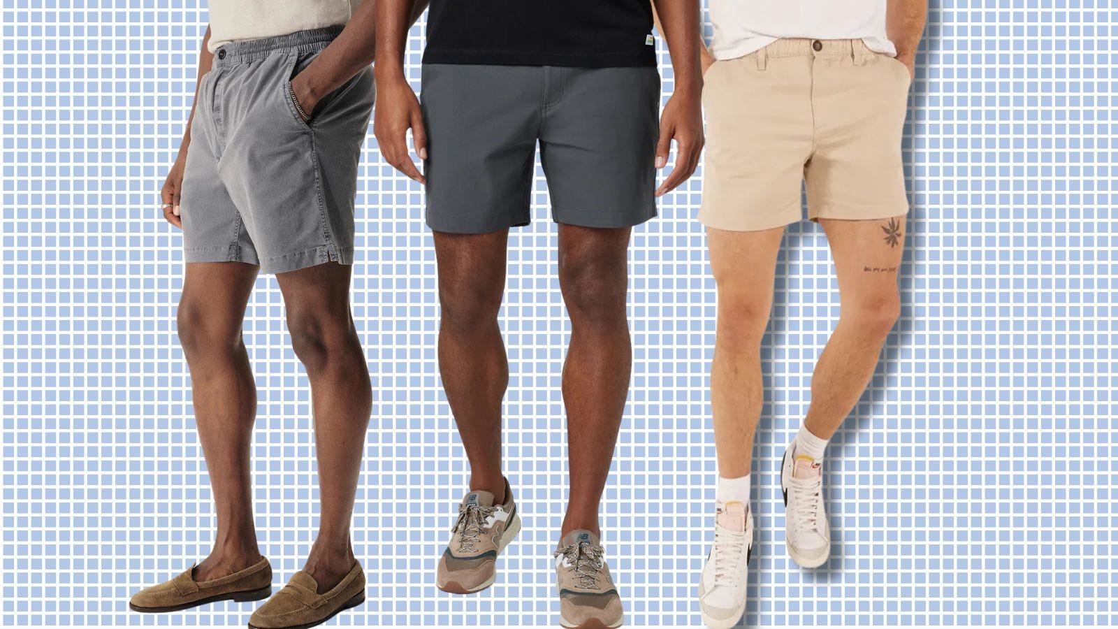 three men wearing 6-inch inseam shorts in grey, navy, and tan