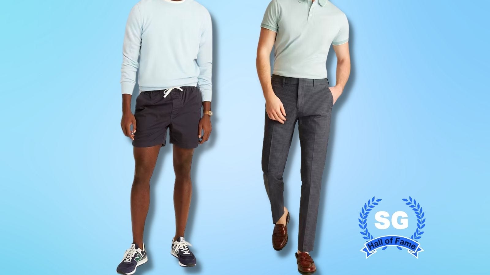 side by side images of man wearing navy drawstring shorts and man wearing grey dress pants. text on-screen reads "SG Hall of Fame"