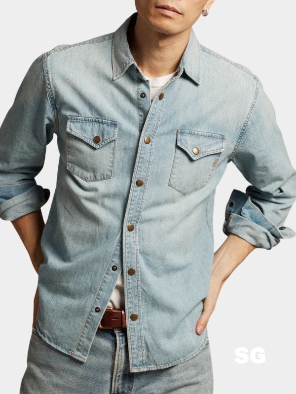 close-up of a man wearing a faded denim button-up