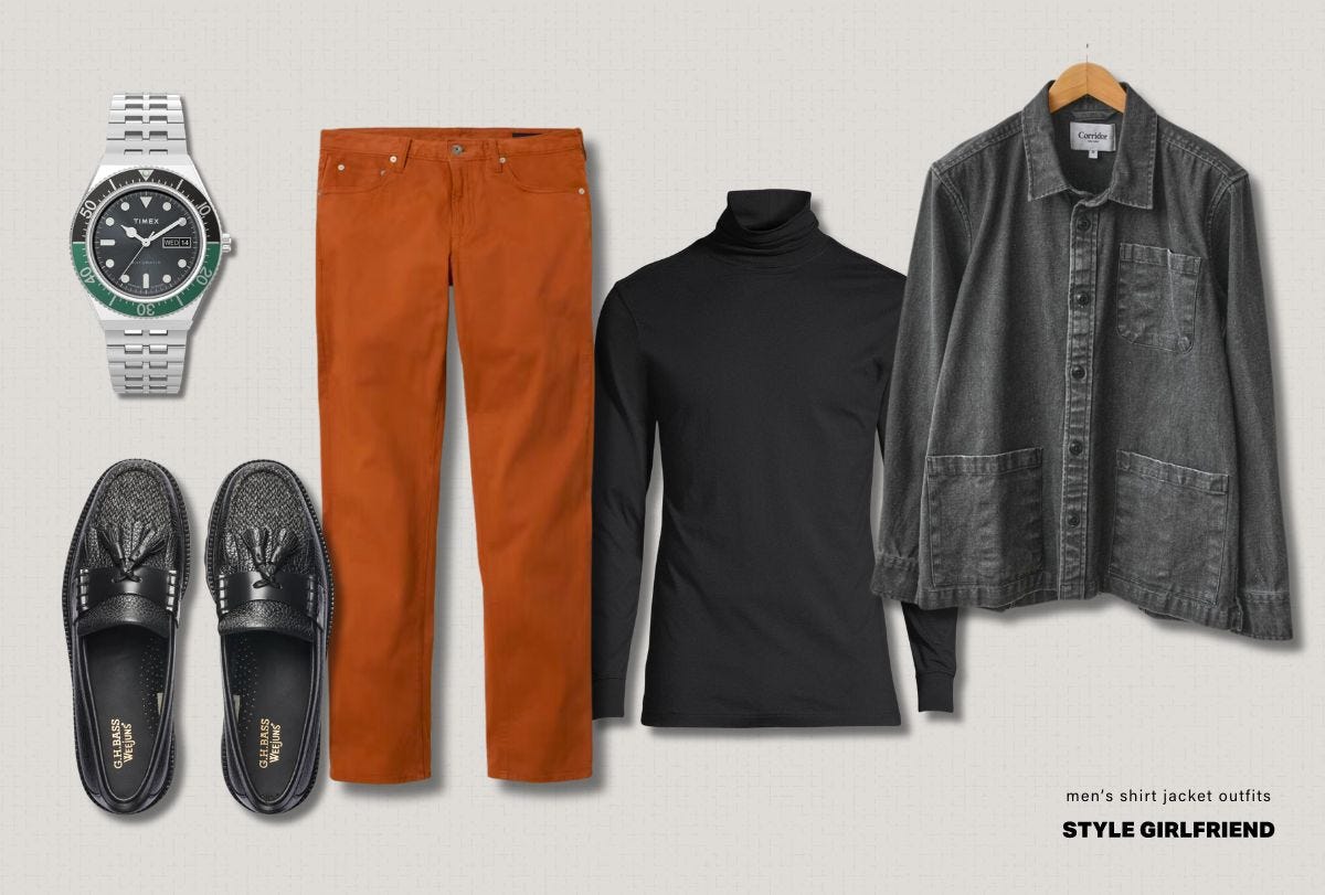 black denim overshirt outfit for men, how to wear a shirt jacket