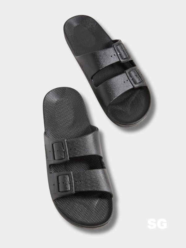 black two-strap sandals