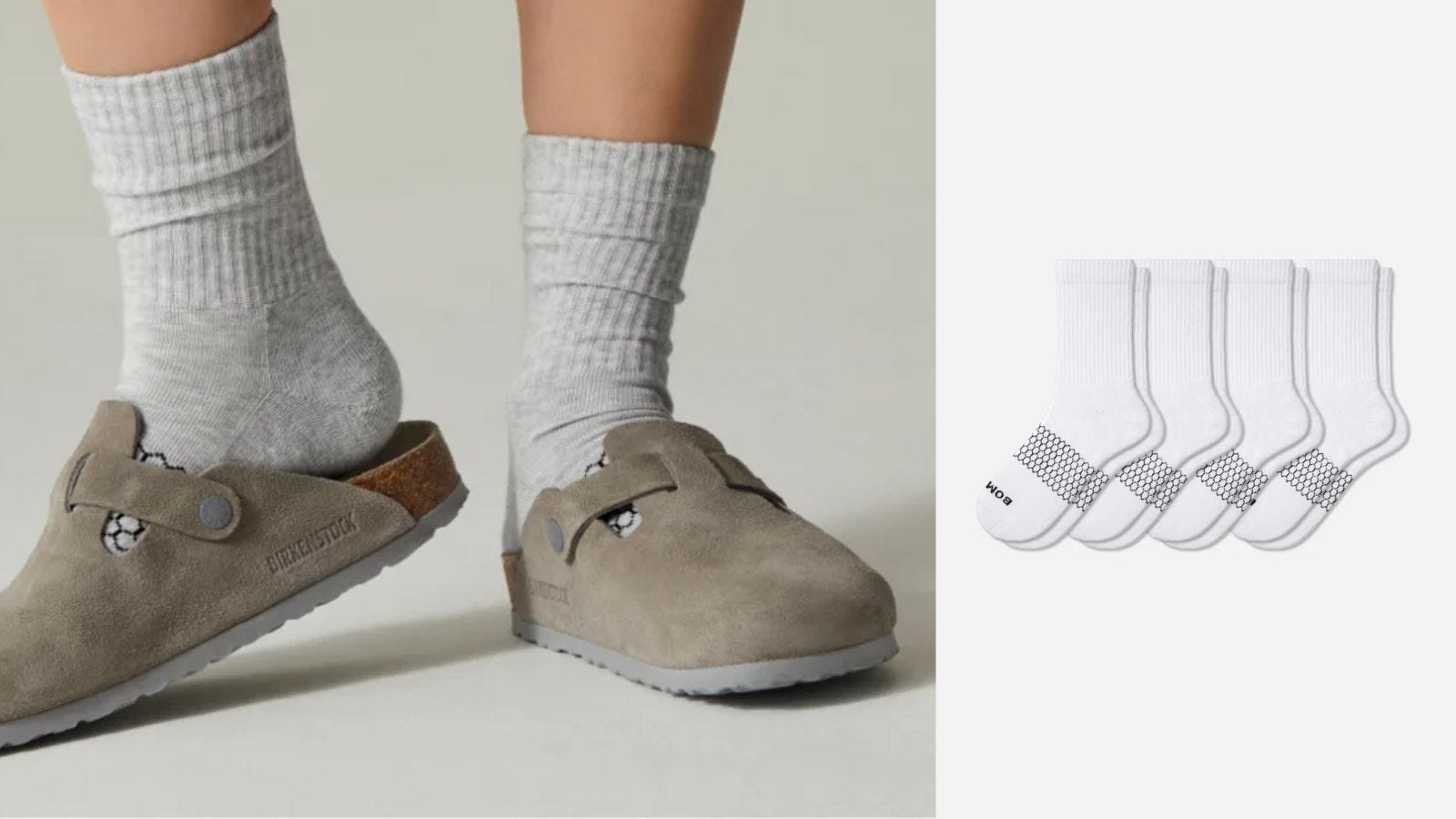 close-up of man's feet in suede Birkenstock clogs and calf-height socks, next to an image of a 4-pack of the same socks
