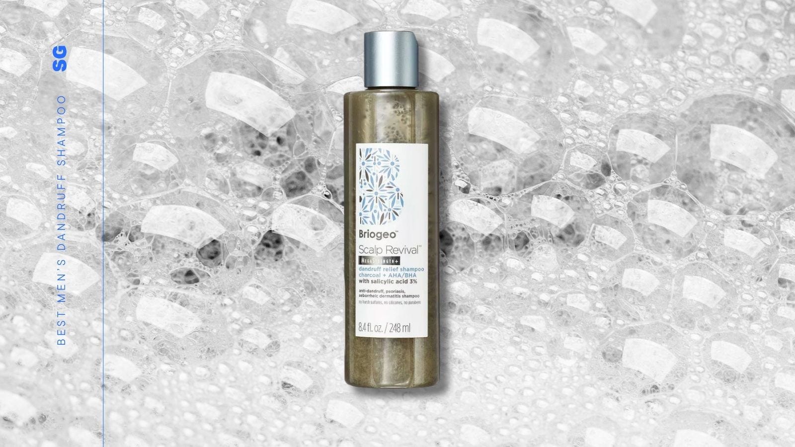 image of a tall bottle of shampoo with a white label and silver cap. text on-screen reads: best men's dandruff shampoo