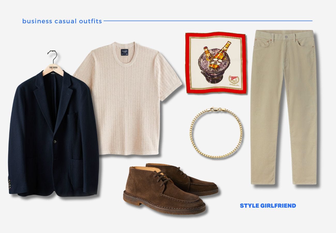 men's business casual outfits with navy blazer and corduroy pants