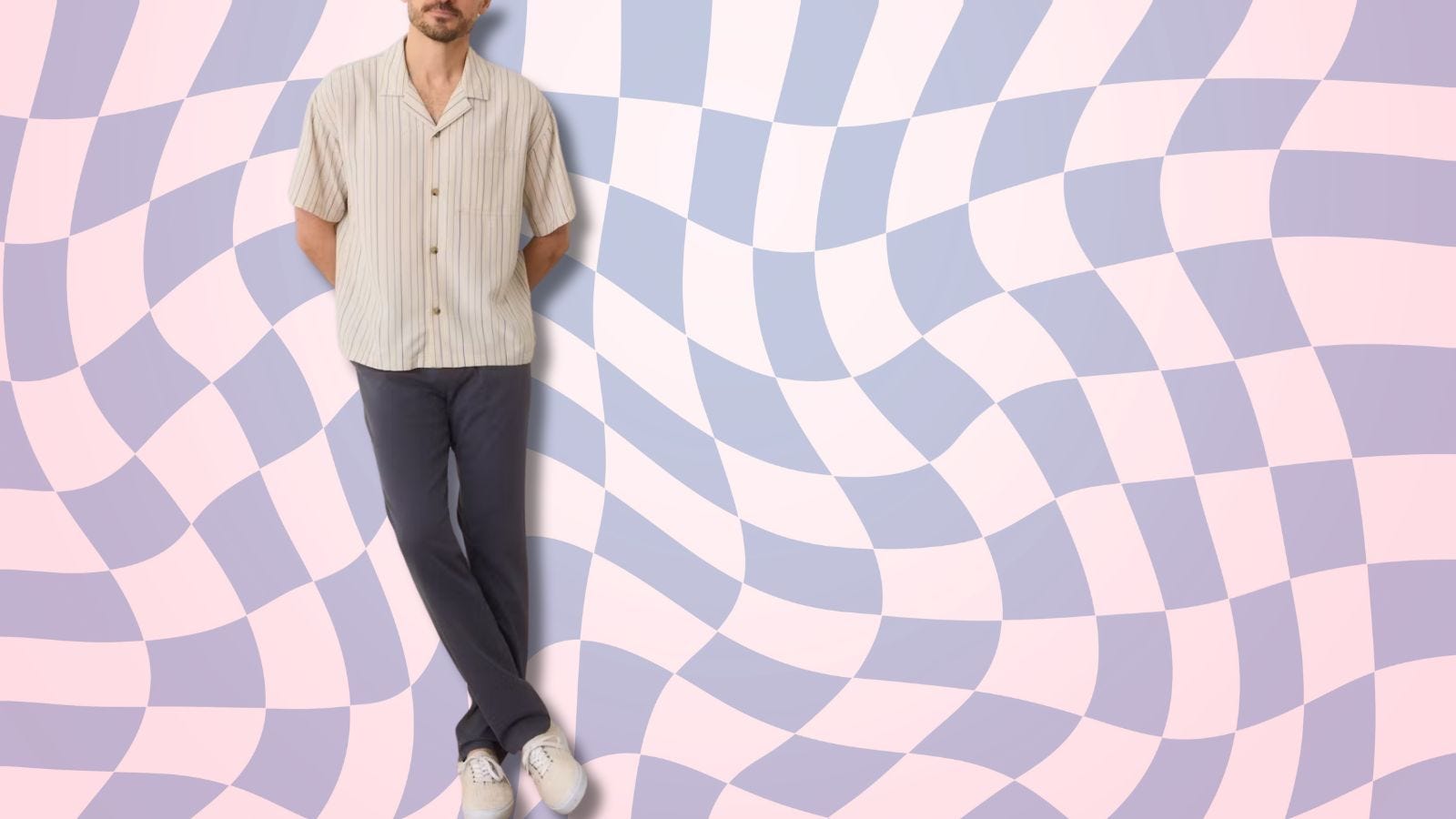 stylish man wearing a striped camp collar shirt with dark pants and white sneakers, set against a wavy background