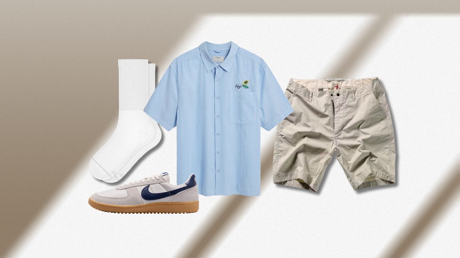 a casual summer outfit with shorts, a short-sleeve shirt and sneakers