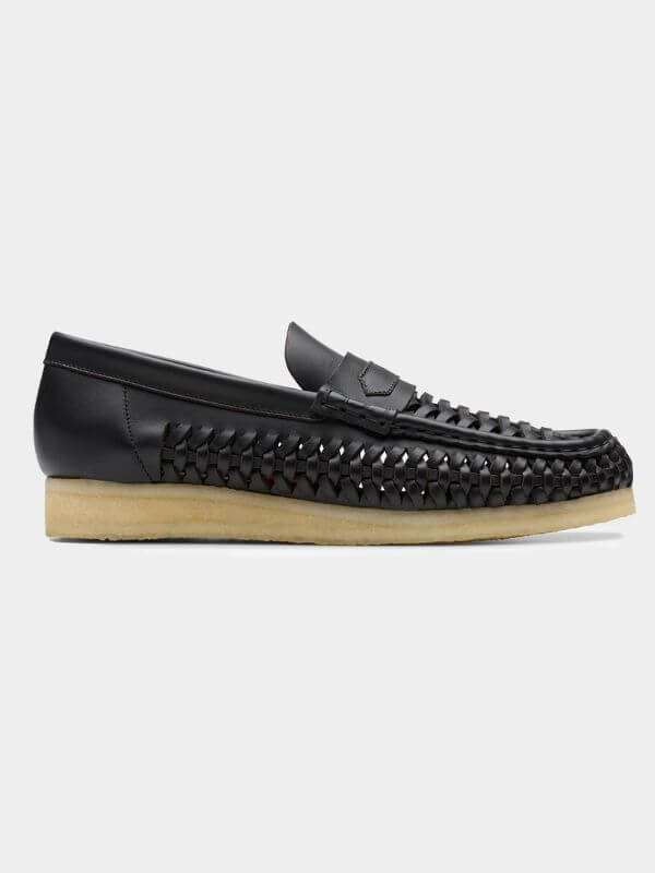black woven leather penny loafers
