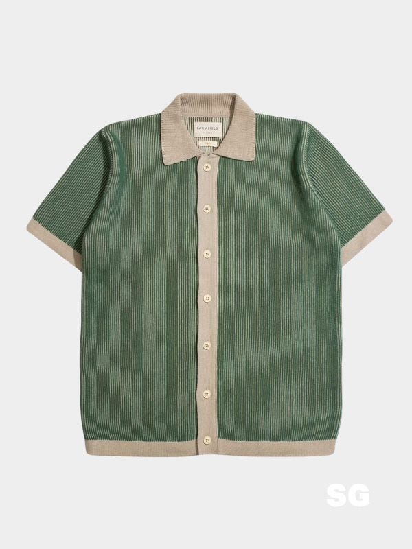 green sweater polo with tan detailing and white buttons