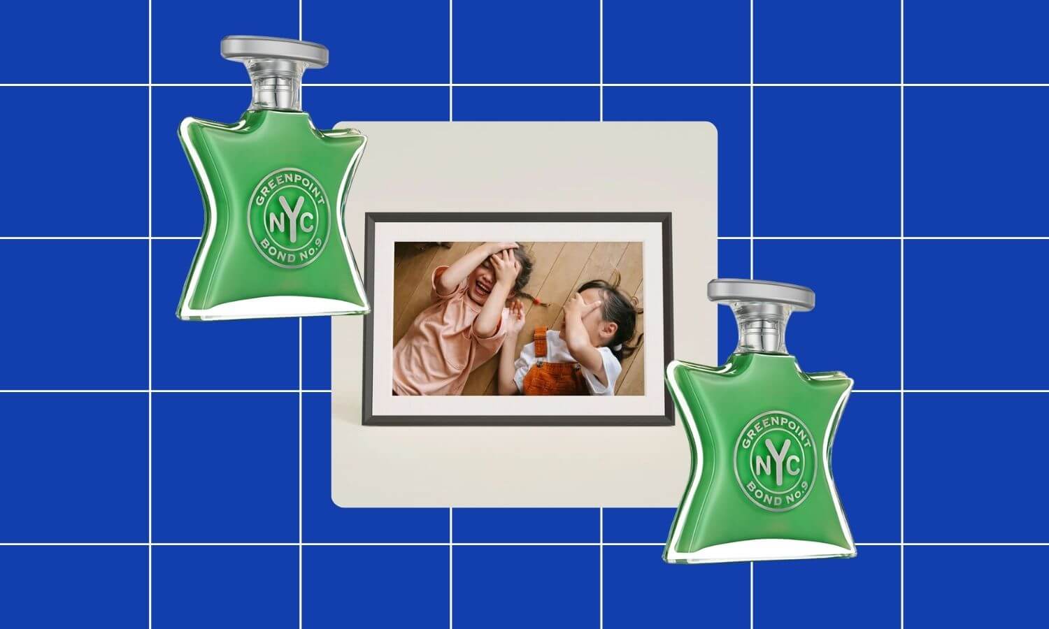 digital frame of two smiling children, flanked by two bottles of fragrance