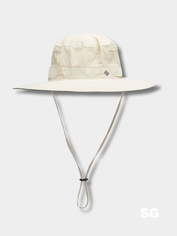 off-white brimmed sun hat with chin strap
