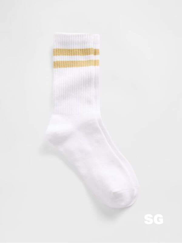 white athletic socks with butter yellow stripes