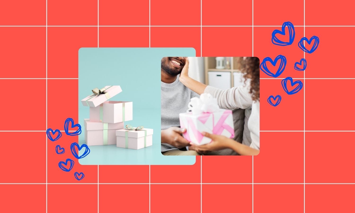 image of a small pile of presents next to an image of a couple exchanging a wrapped gift