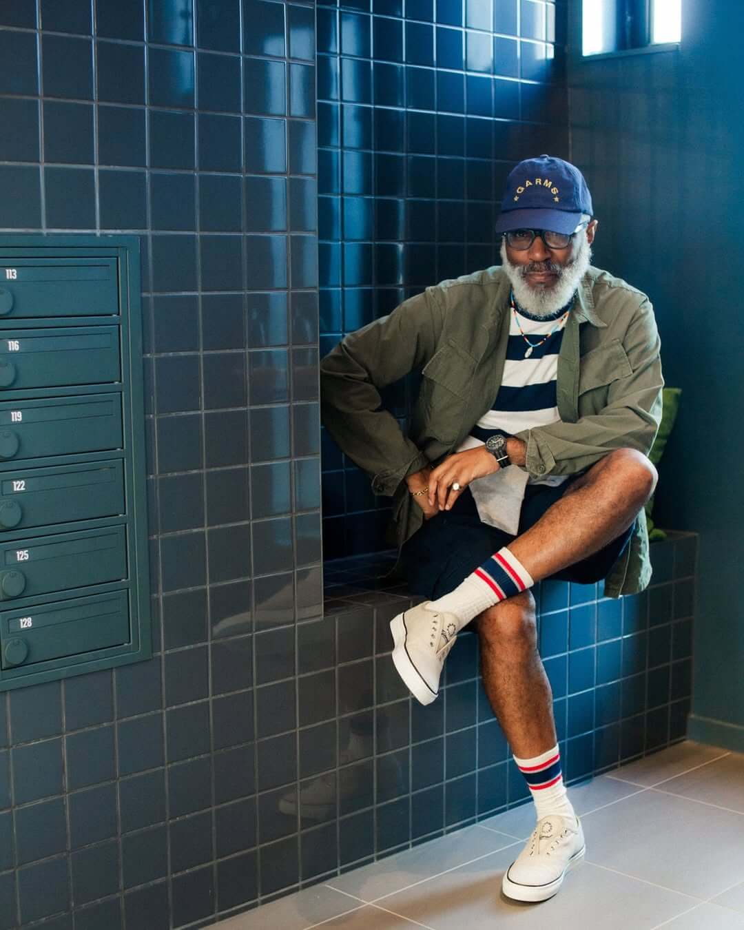 stylish man wearing a striped shirt, olive green overshirt, dark shorts, tall socks, and canvas sneakers