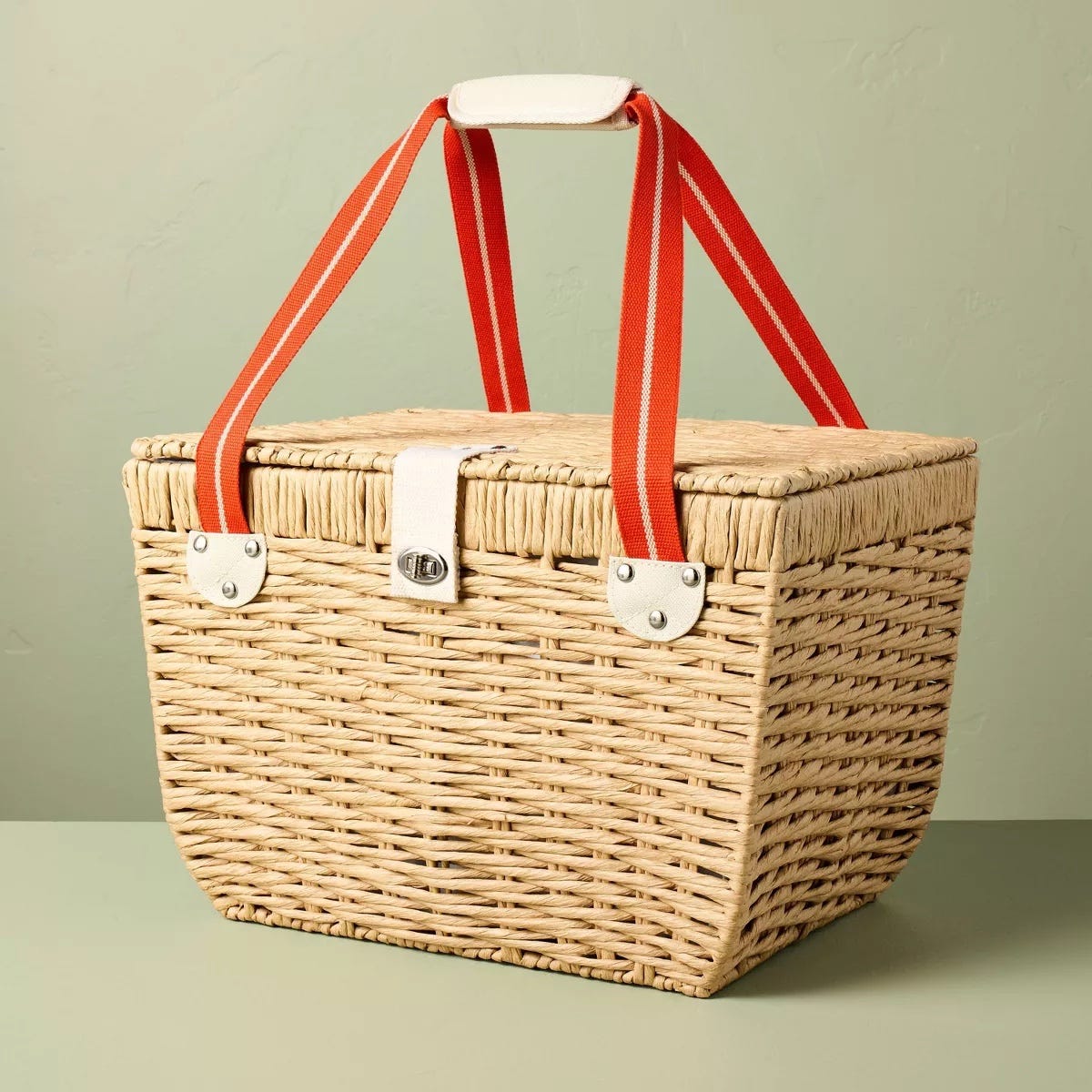 picnic basket with red striped handles
