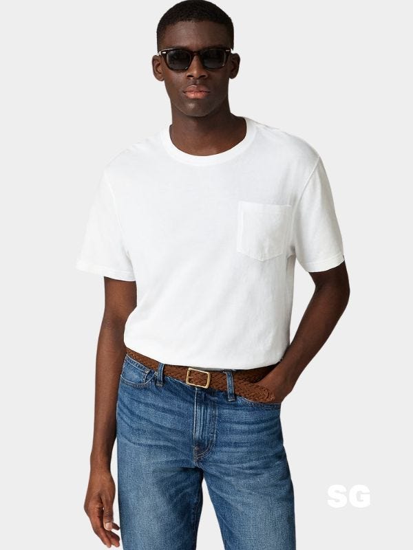 stylish man wearing sunglasses, a white pocket t-shirt, and blue jeans