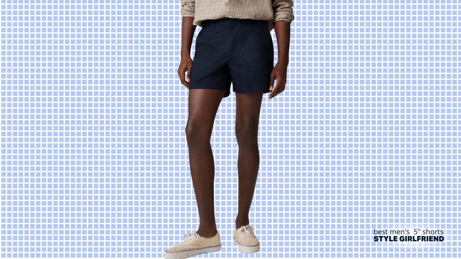stylish man from the waist down wearing 5" j.crew portsider stretch chino shorts in navy