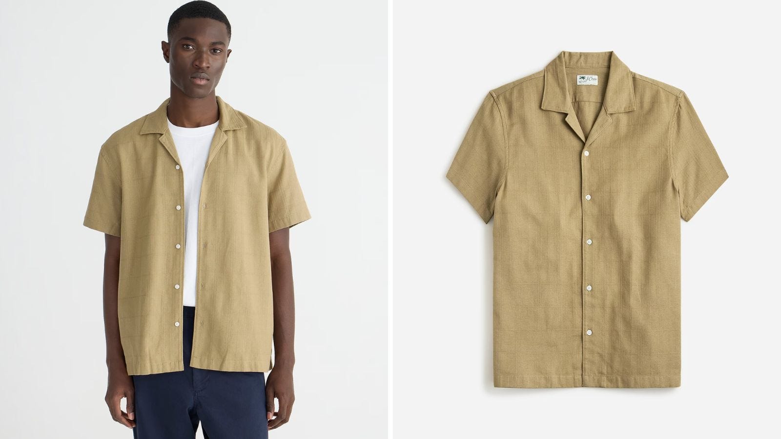 side by side image of man wearing a tan camp collar shirt, open over a white tank top. on the other side, the shirt on its own