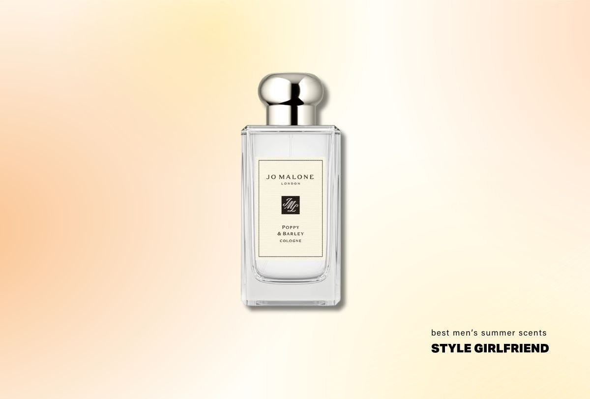 clear bottle of fragrance with a cream-colored label and silver cap