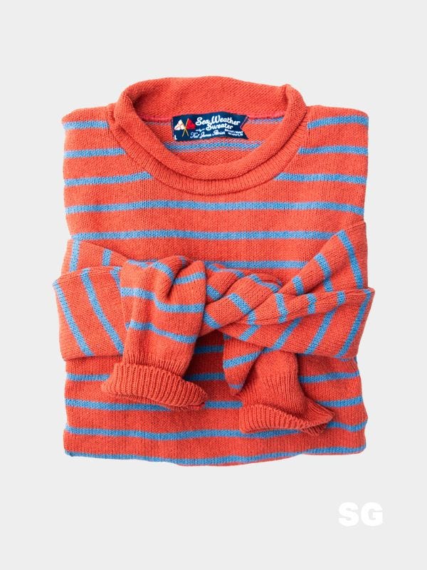 blue and red striped rollneck sweater