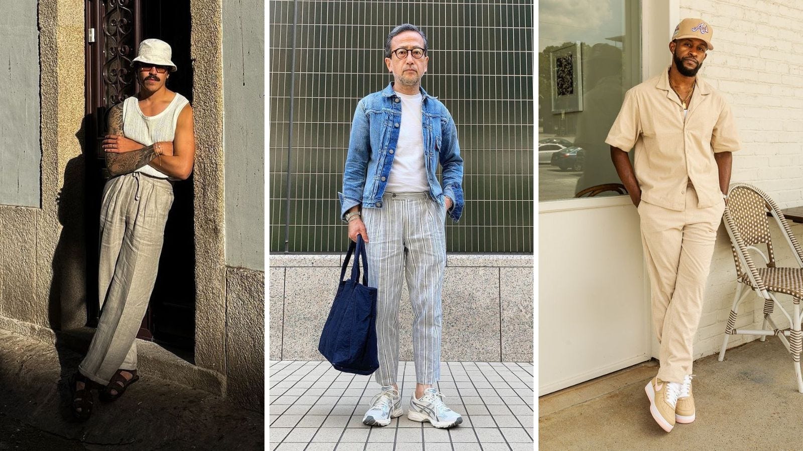 side by side images of men wearing light colored outfits in summer weather