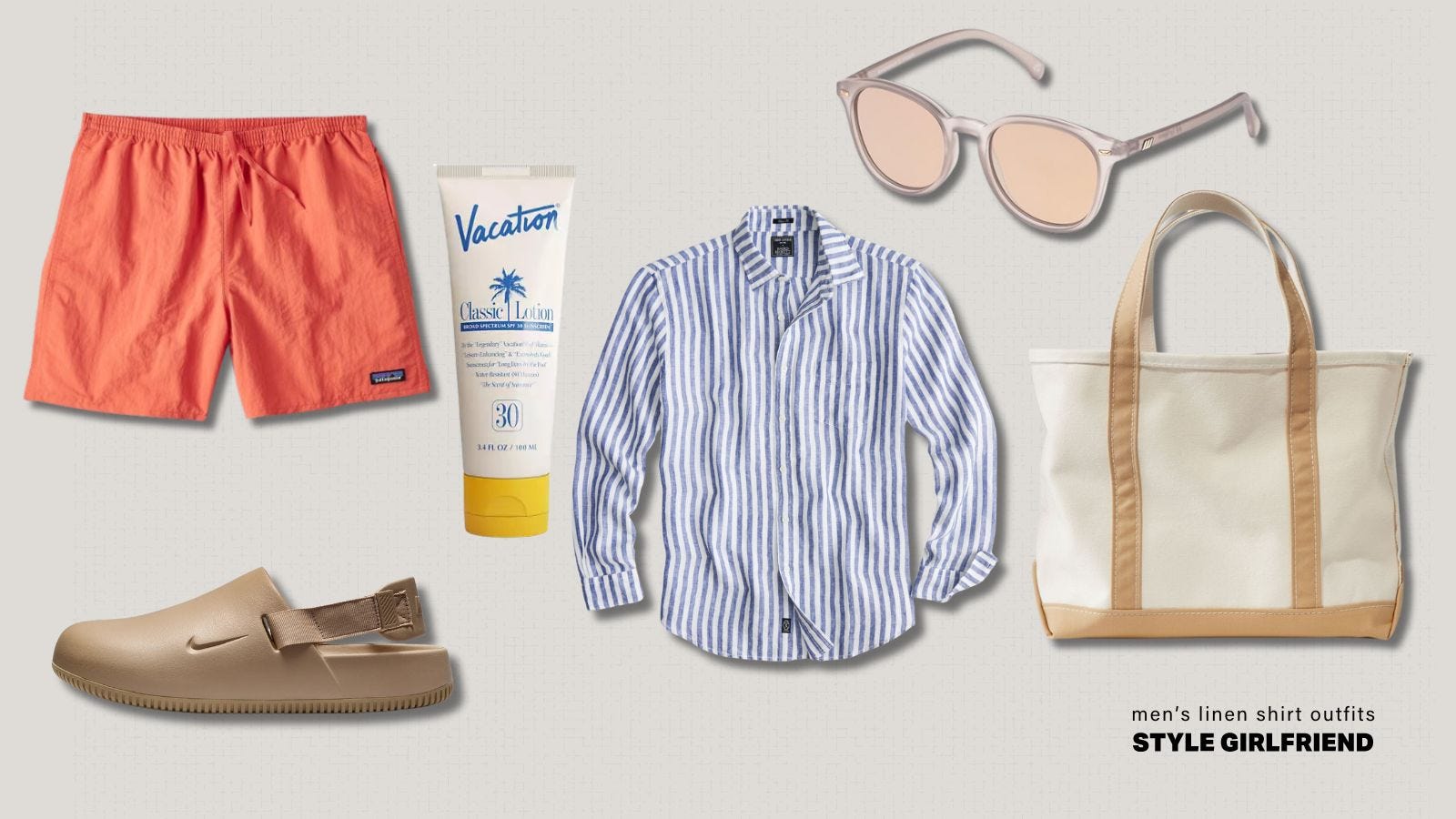 men's linen shirt outfit with patagonia baggies shorts and nike calm mules