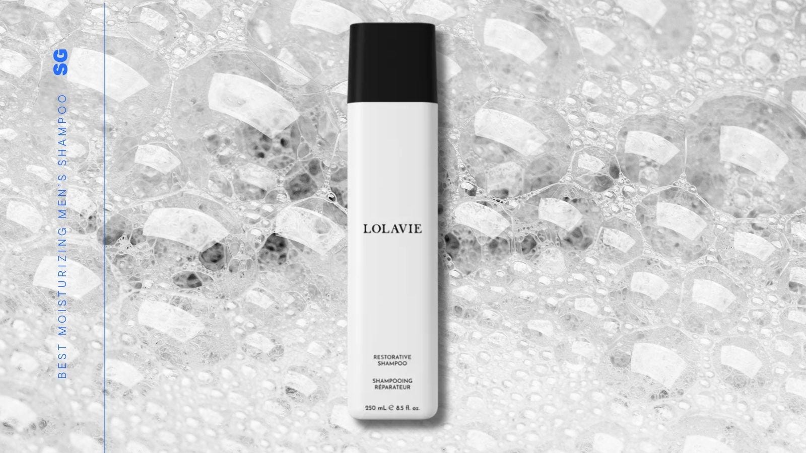 white bottle of shampoo with a black cap. text on-screen reads: best moisturizing men's shampoo