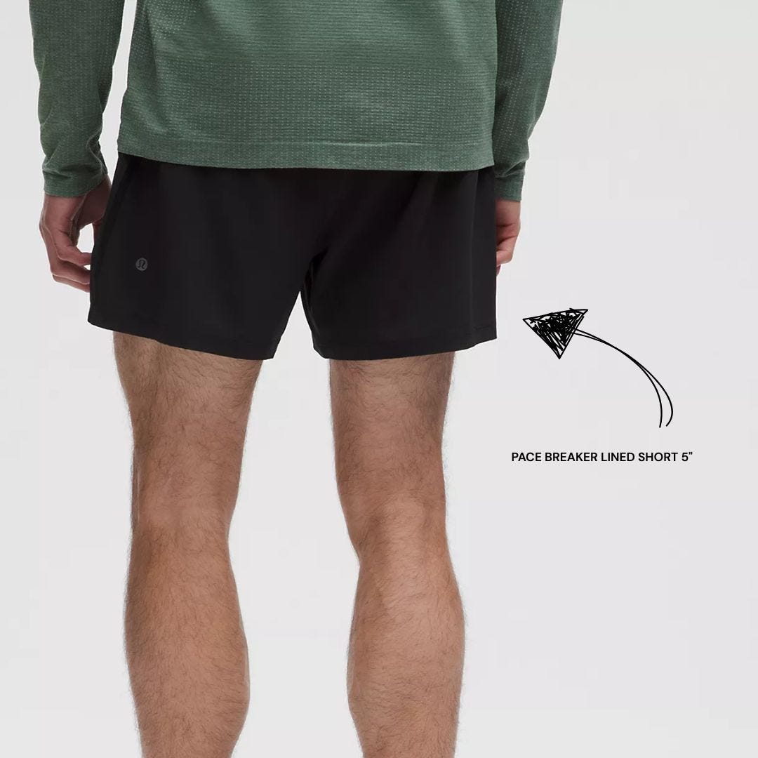close-up of a man wearing a long-sleeve green performance shirt and lululemon Pace Breaker Lined Shorts
