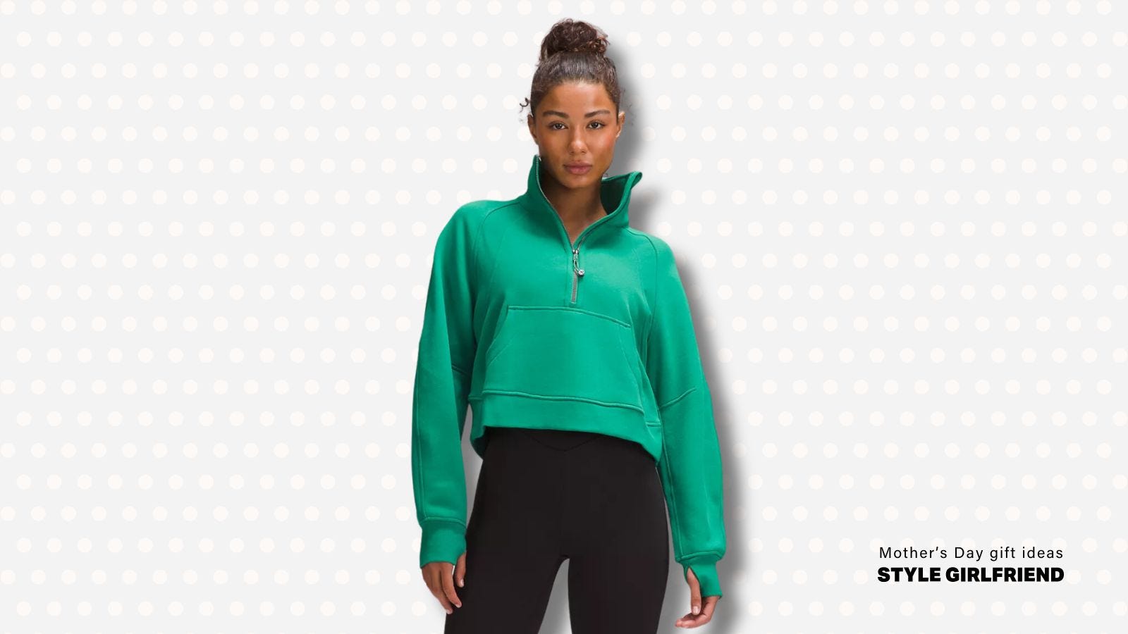 woman posing in lululemon Scuba Oversized Funnel-Neck Half Zip in green