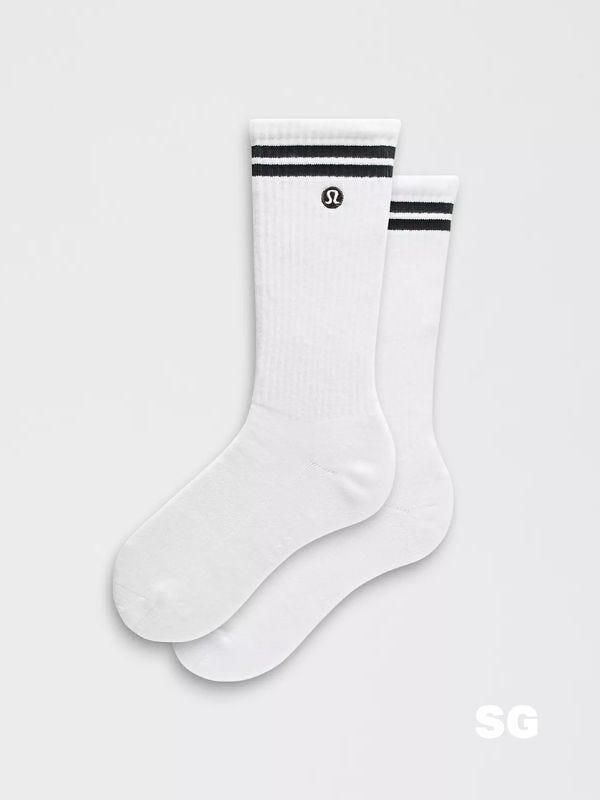 lululemon white crew socks with black stripe and logo detail