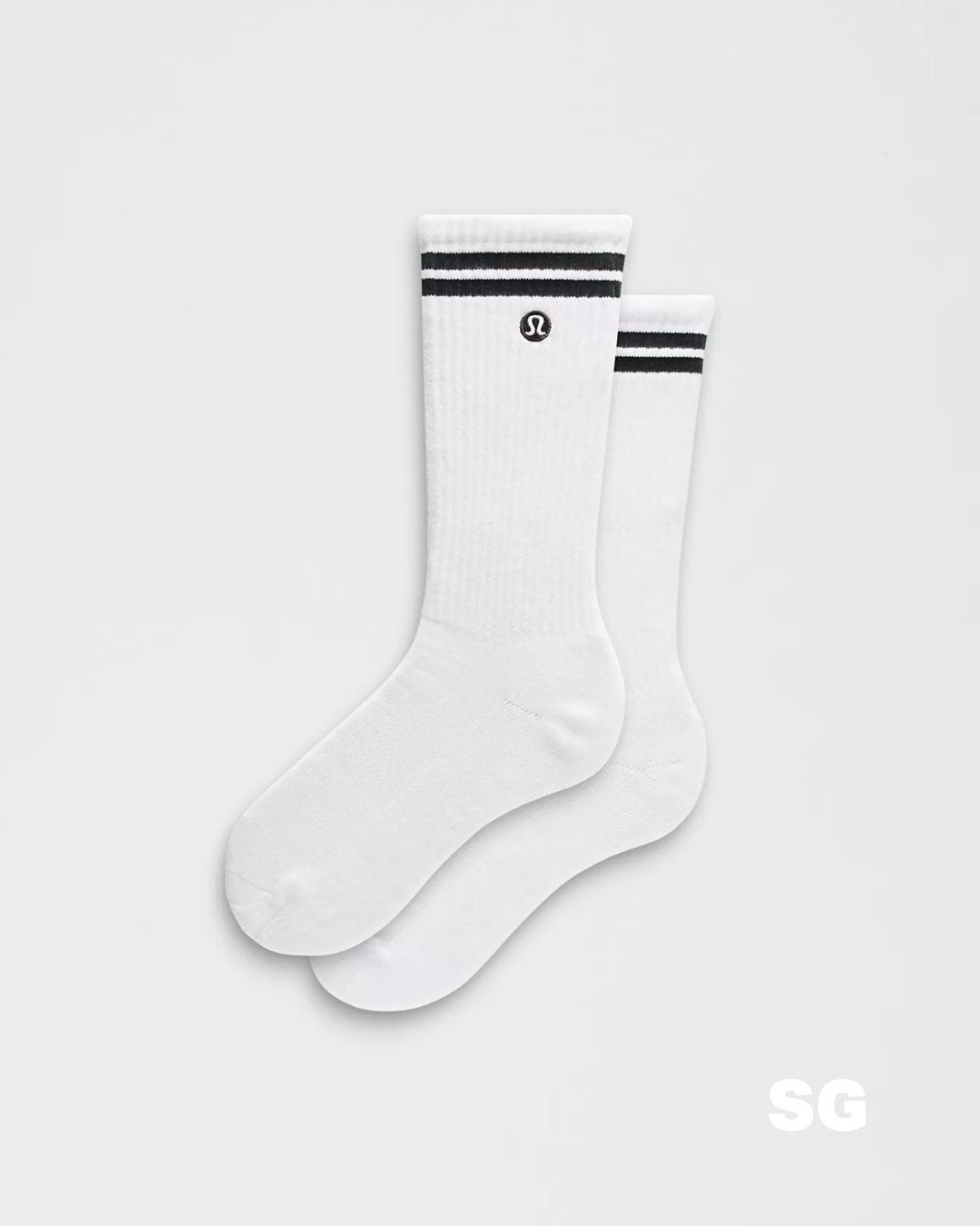 white athletic crew socks with two black stripes at the top