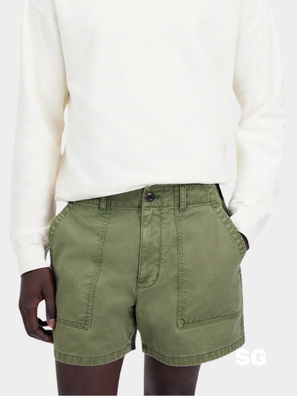 close-up of a man wearing a long-sleeve white shirt and army green twill shorts with front pockets