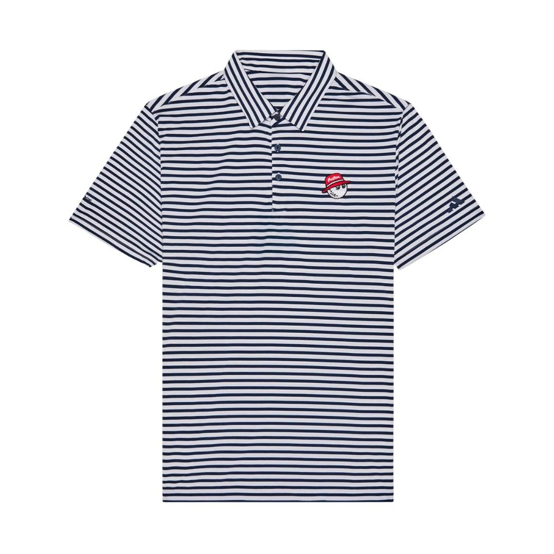 navy and white striped golf polo