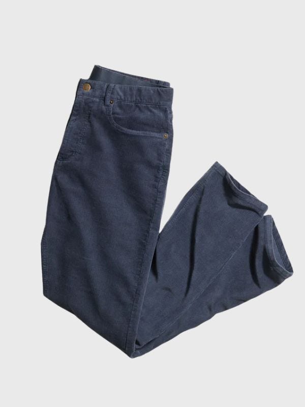 pair of blue 5-pocket corduroy pants in roundup of alternatives to jeans