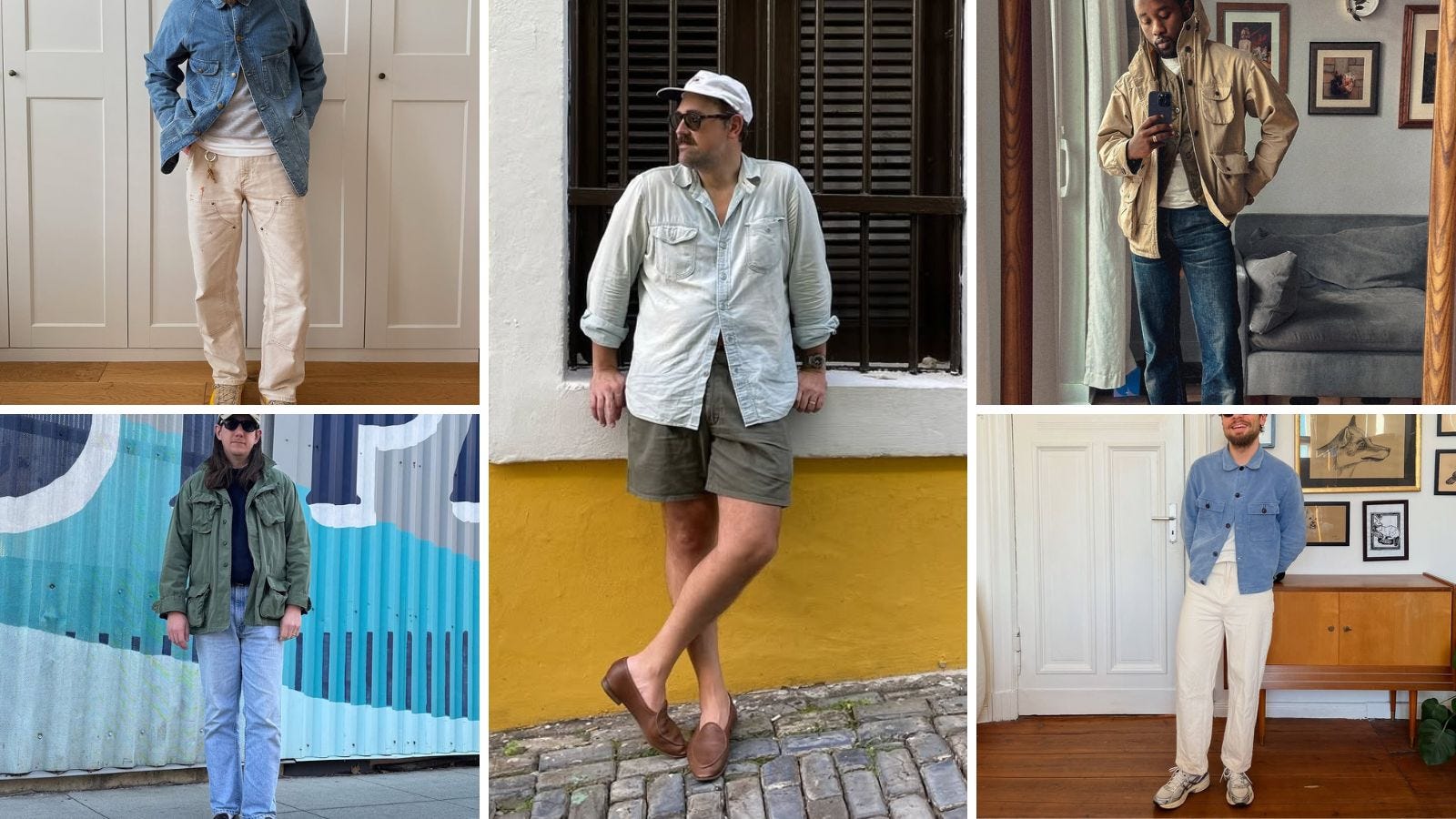 collage image of various men wearing stylishly casual spring outfits