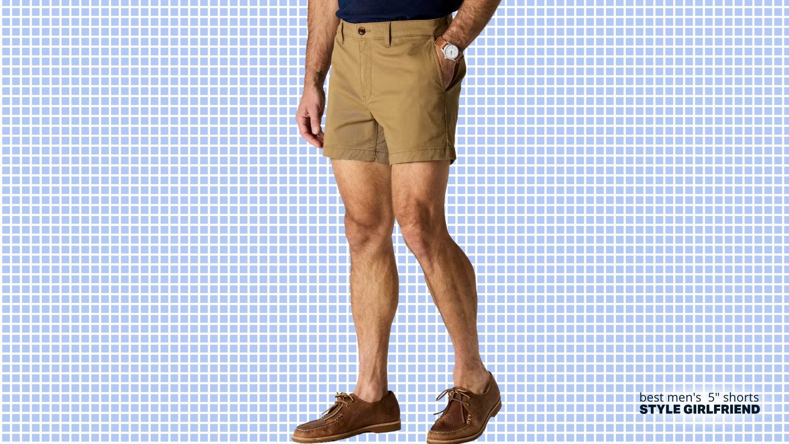 man from the waist down wearing 5-inch khaki shorts with brown leather boat shoes