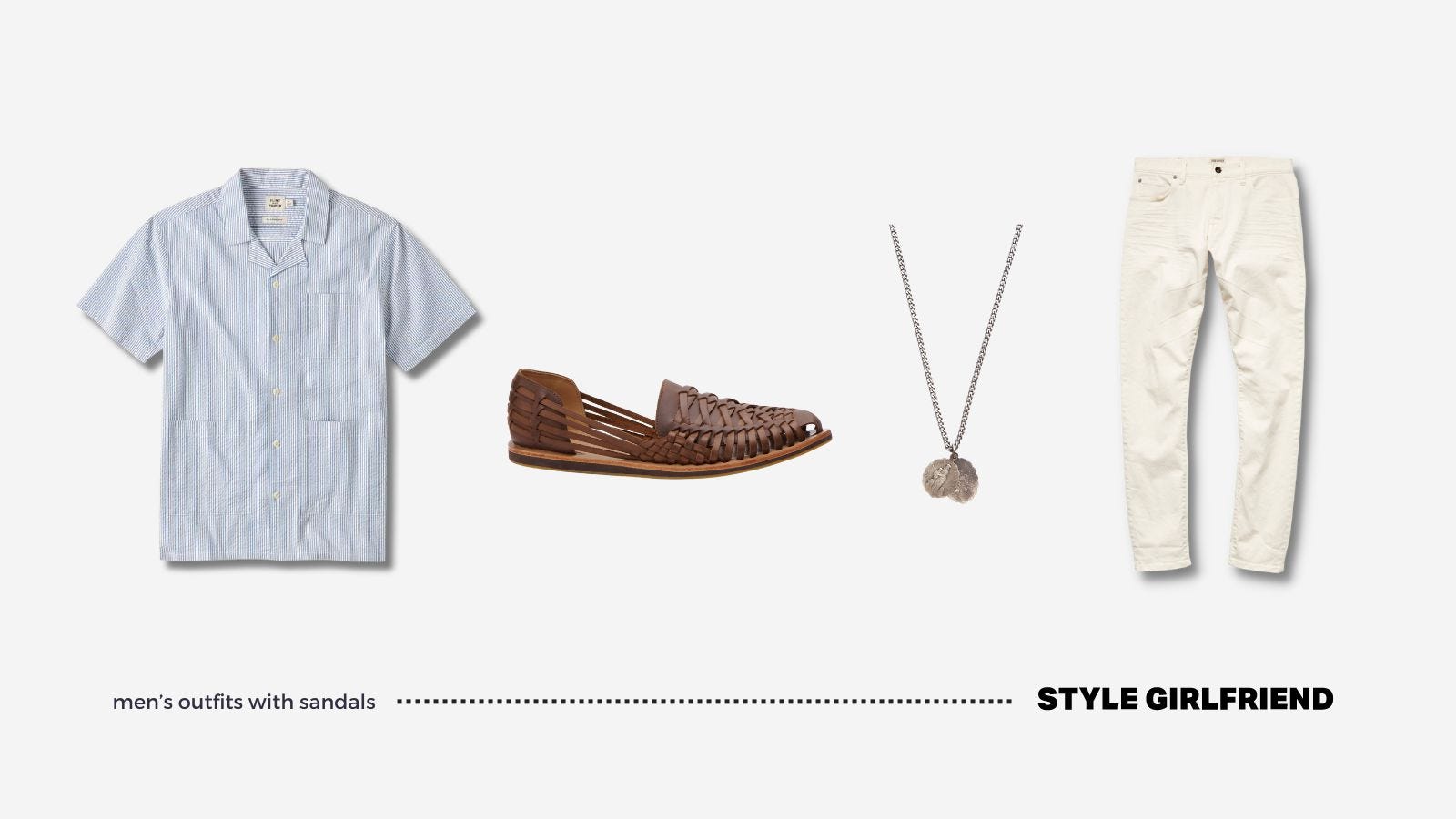 men's casual summer outfit with a blue short sleeve shirt, brown leather sandals, a chain necklace and white jeans