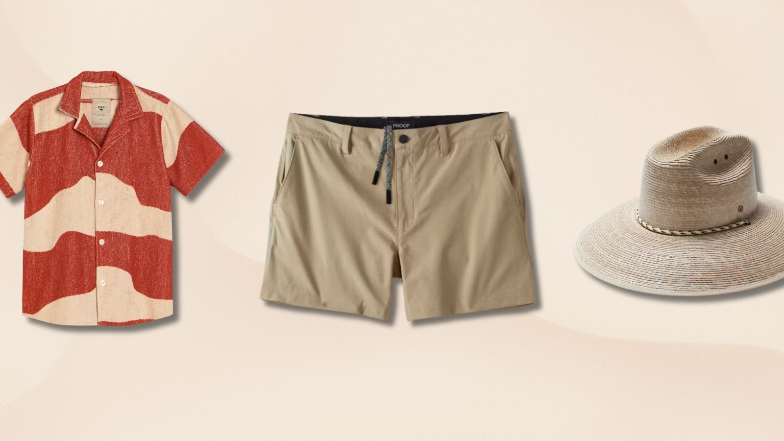 mens performance shorts outfit with short-sleeve button down shirt and wide-brimmed hat